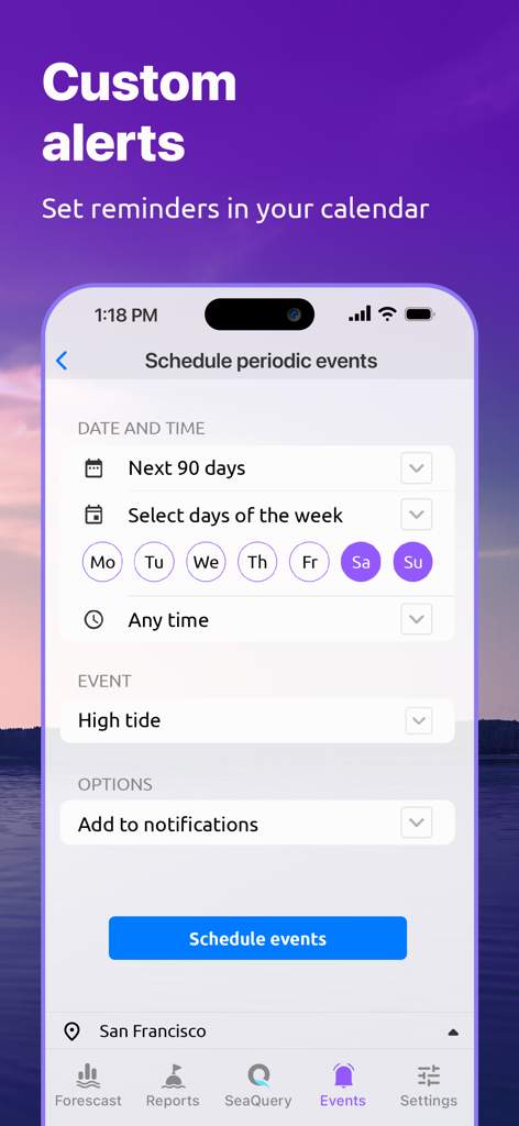 Nautide app interface for scheduling custom high tide alerts and calendar reminders