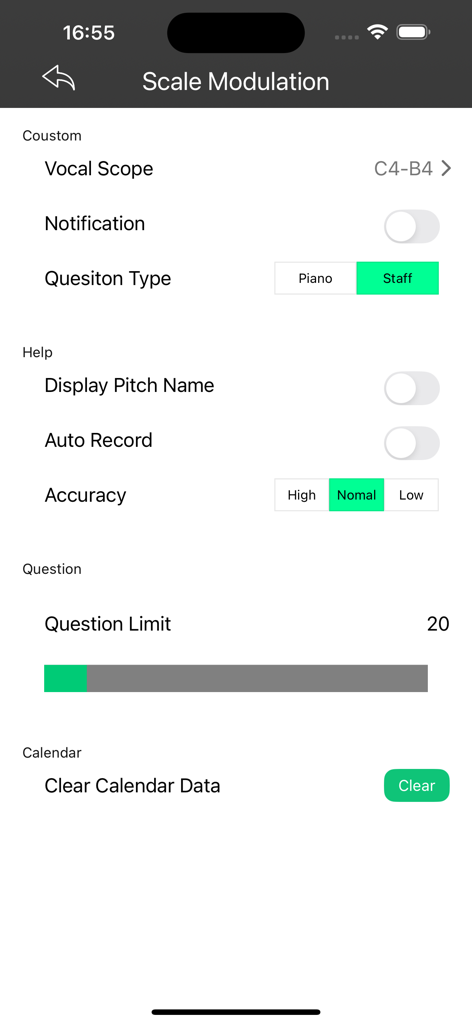 Vocal coach - Perfect Ear App - Pantalla de configuración para el ejercicio de modulación de escala en la aplicación Entrenador Vocal mostrando opciones para el tipo de pregunta del alcance vocal y el nivel de precisión