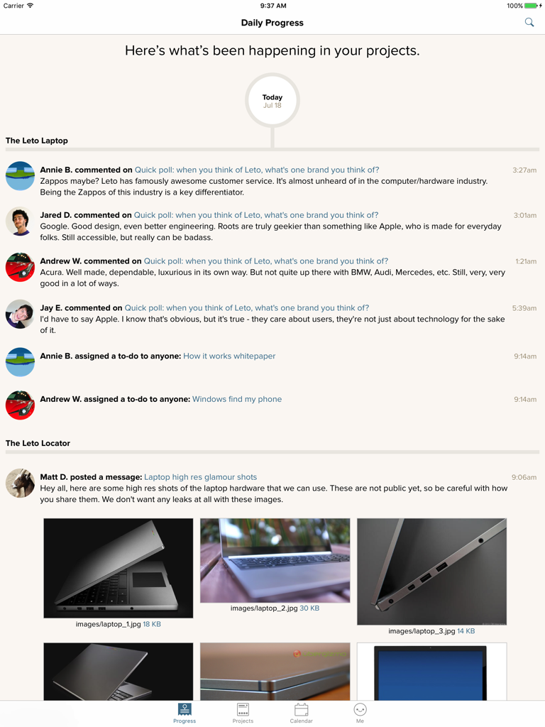 Basecamp 2 for iPad - Basecamp 2 for iPad app interface showing the Daily Progress screen with project updates and team discussions