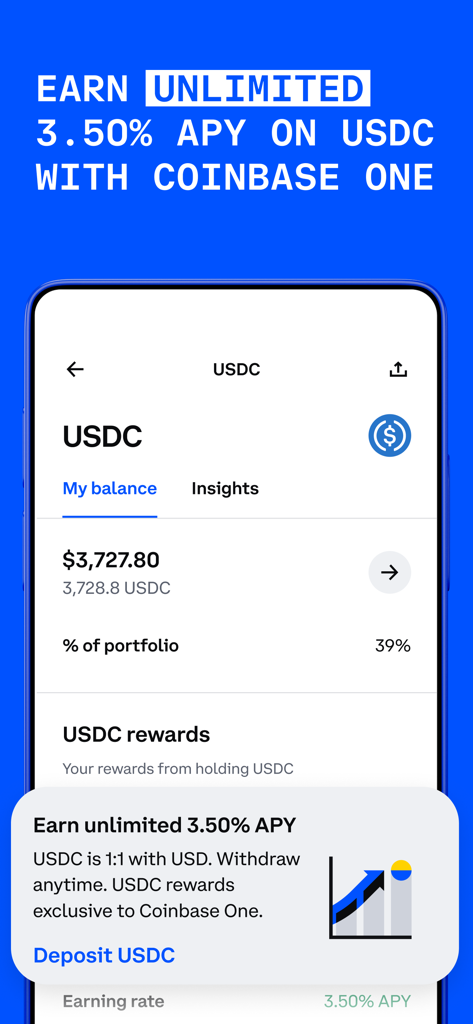 Interface de l'application Coinbase affichant le solde en USDC et la promotion de récompenses APY de 3,50 %