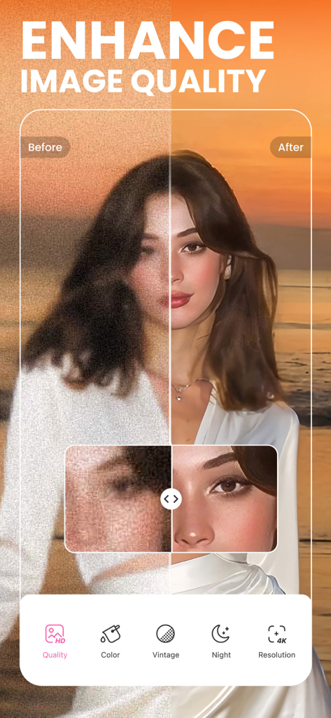 Vorher-Nachher-Vergleich des BeautyPlus KI-Verbesserungstools, der eine verbesserte Bildklarheit und Auflösung zeigt
