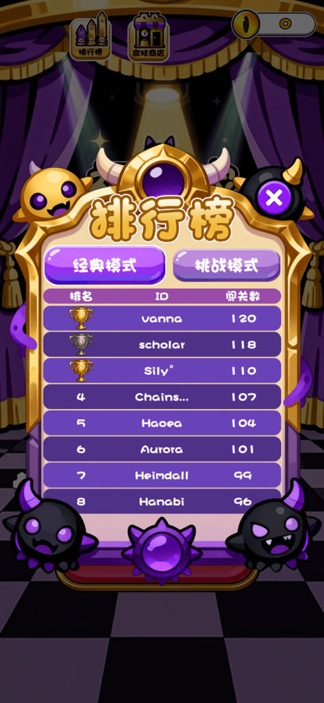 福满人家 - In-Game-Bestenlistenbildschirm von Haus des Glücks, der Spieler-Ranglisten mit einem lila und goldenen Thema und niedlichen Monsterfiguren zeigt.