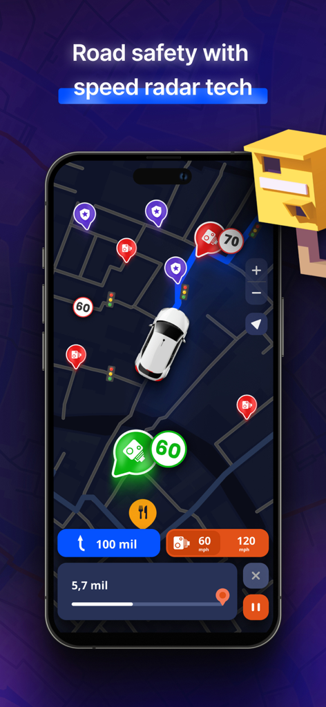 MapXplorer: Map Radar Navigate - MapXplorer app interface showing real-time speed radar alerts and speed limit indicators on a navigation map