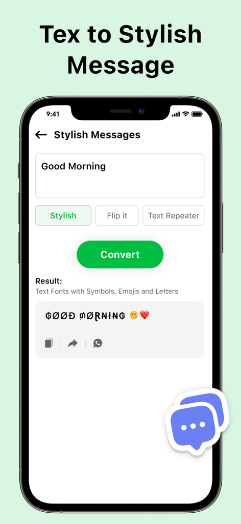 Dual App - Web Scanner App - Interface of the Stylish Messages feature in Dual App showing a text conversion to a stylized font with emojis