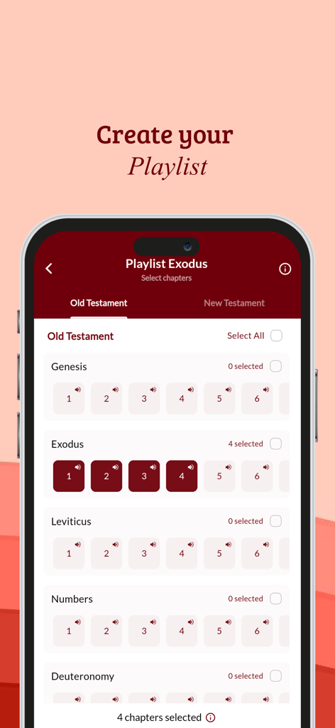 BibleOn Catholic Bible + Audio - BibleOnアプリのインターフェース。パーソナライズされたオーディオプレイリストを作成するために、聖書の章の選択が表示されています。