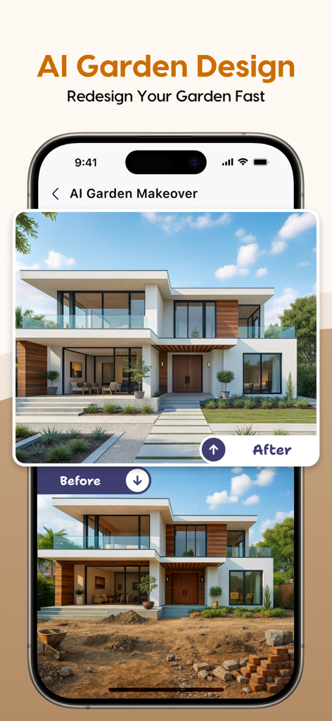 KI-Gartendesign-Oberfläche, die ein Vorher-Nachher-Makeover der Landschaftsgestaltung eines Hauses anzeigt