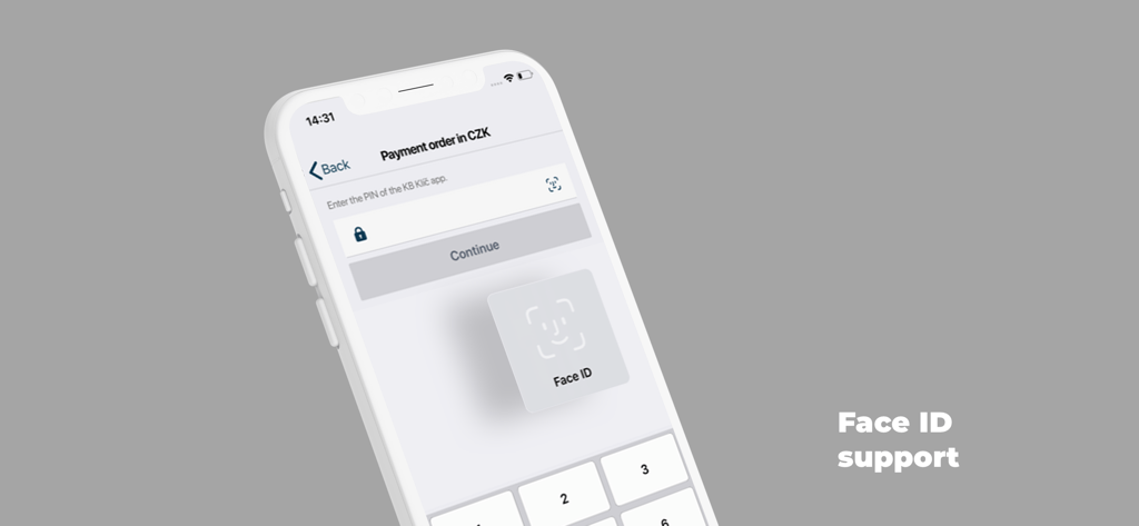 KB Klic app payment screen showing Face ID support for secure authentication
