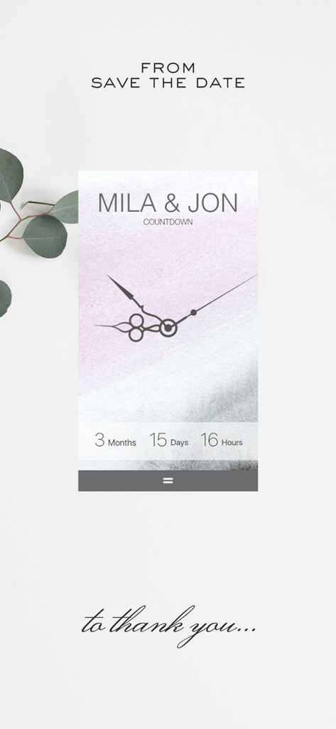 Appy Couple Wedding App - Un'interfaccia minimalista ed elegante per il conto alla rovescia del matrimonio dall'app Appy Couple con un timer personalizzato per Mila e Jon.