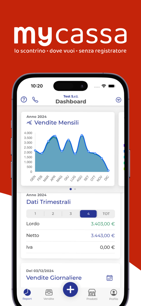 MyCassa Scontrino Elettronico - Panel de control de la aplicación MyCassa que muestra gráficos de ventas mensuales y resúmenes financieros trimestrales