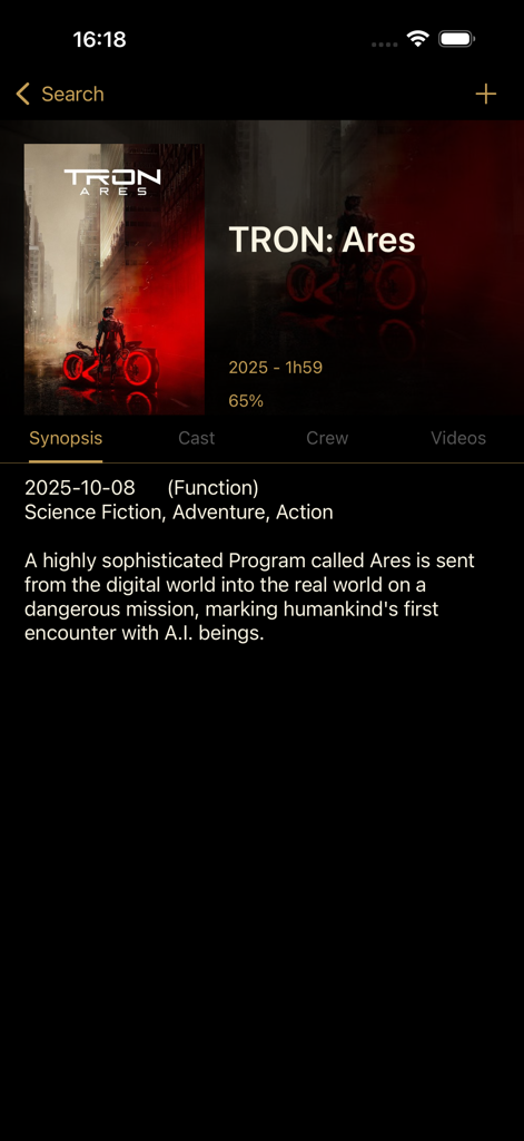 Watched TV: Movies & TV Shows - Página de detalles de la película TRON Ares que muestra la sinopsis, el póster y la información de estreno