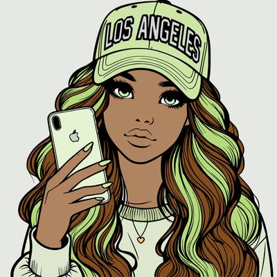 realistic beautiful girl wearing los ángeles cap holding an iphone