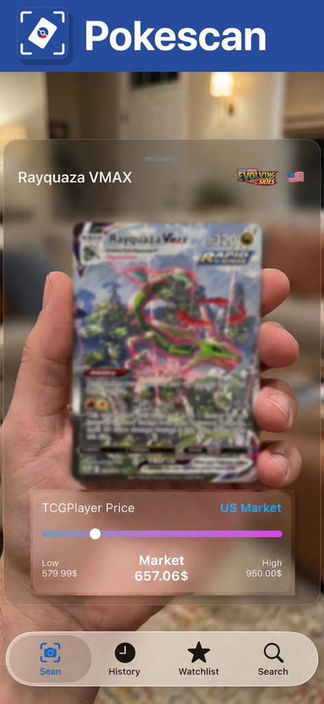 Interface of Pokescan app scanning a Rayquaza VMAX Pokemon card to display live TCGPlayer market prices