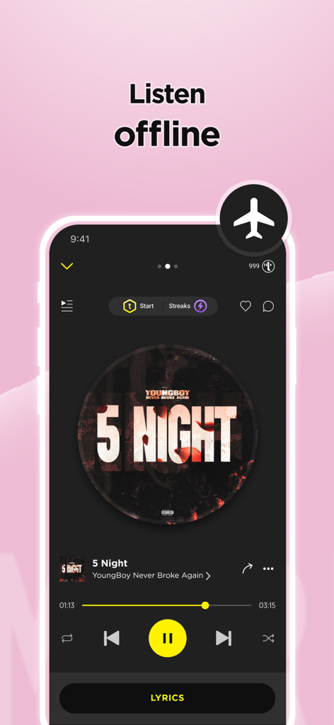 TREBEL Music app showing the listen offline feature with a hip hop track playing