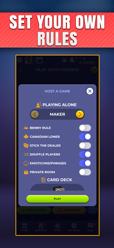 Interface for hosting a custom Euchre game with regional rules like Canadian Loner and Stick the Dealer