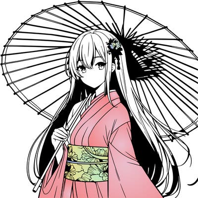 anime style long hair mature woman wearing short kimono holding japanese umbrella