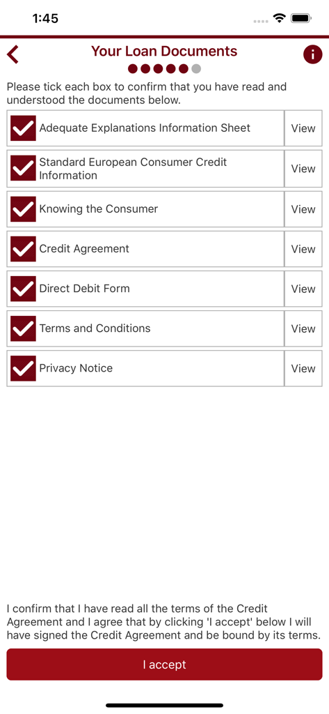 Premium Credit - eJourney - Screen showing a checklist of loan documents for review with an I accept button