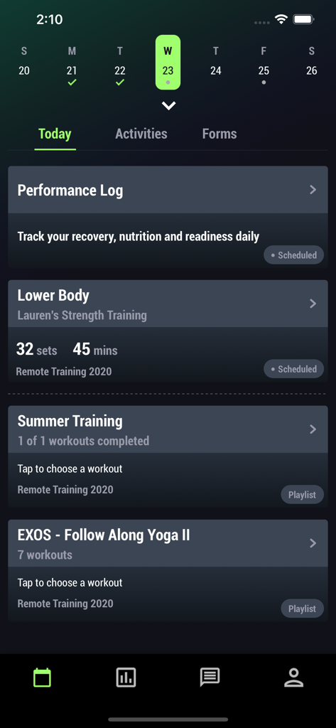BridgeAthletic app interface displaying a daily training schedule with performance logs and workout details