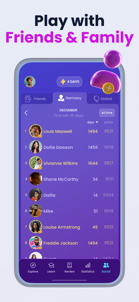 Mondly app screenshot showing a social leaderboard where users compete with friends and family in language learning challenges.