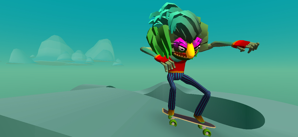 Hippy Skate - Um personagem colorido de jogo indie andando de skate em um ambiente estilizado.