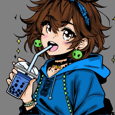 hot baddie anime girl drinking boba and biting the straw