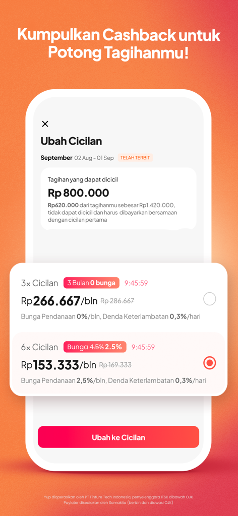 YUP - Kredit Belanja Bunga 0%* - YUP mobile app interface showing various installment plan options with different interest rates