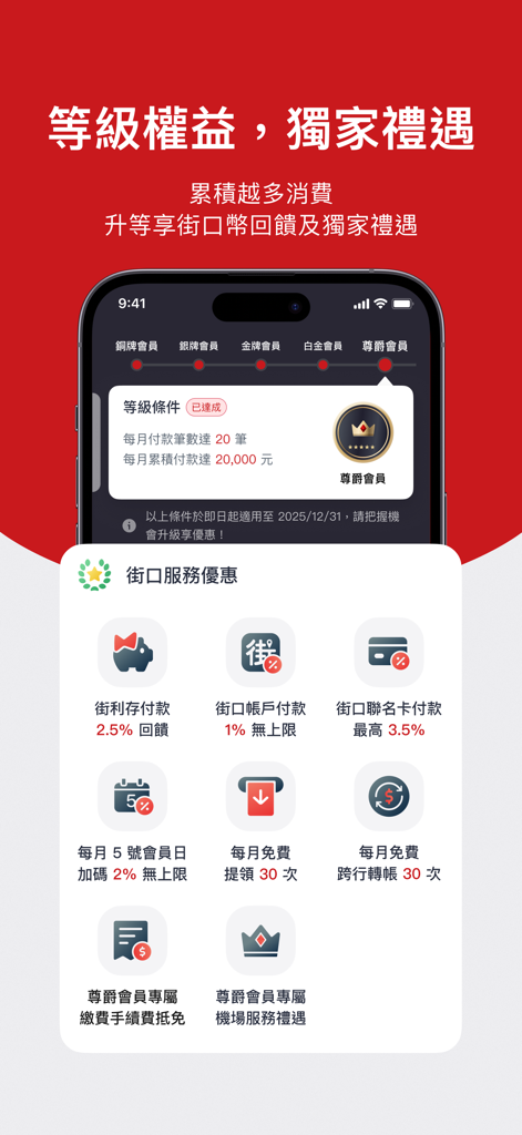街口支付 - JKOPAY app interface showing membership tiers and exclusive financial rewards
