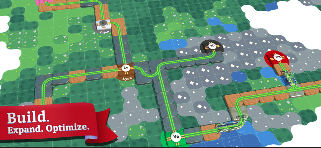 Train Conductor World - Hexagonal grid map of a train network connecting cities in Train Conductor World with the text Build Expand Optimize