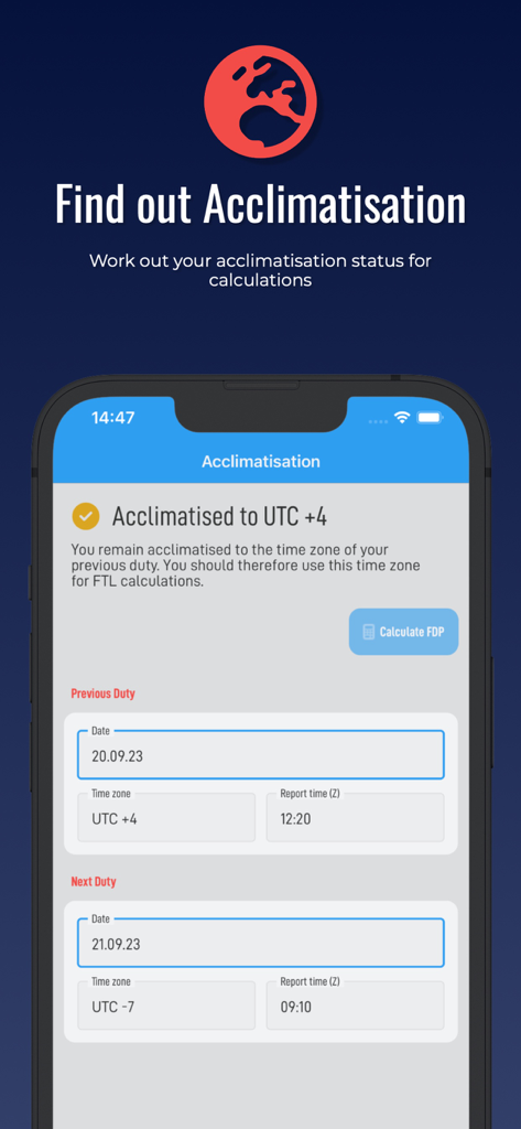 Interfaccia dell'app Calcolatore EASA FTL che mostra la schermata di calcolo dell'acclimatamento per i piloti
