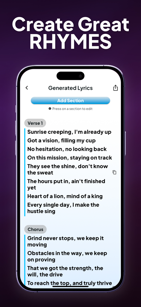 Ghost Writer: Song Writing App - Mobile app screen displaying AI generated song lyrics with verse and chorus sections