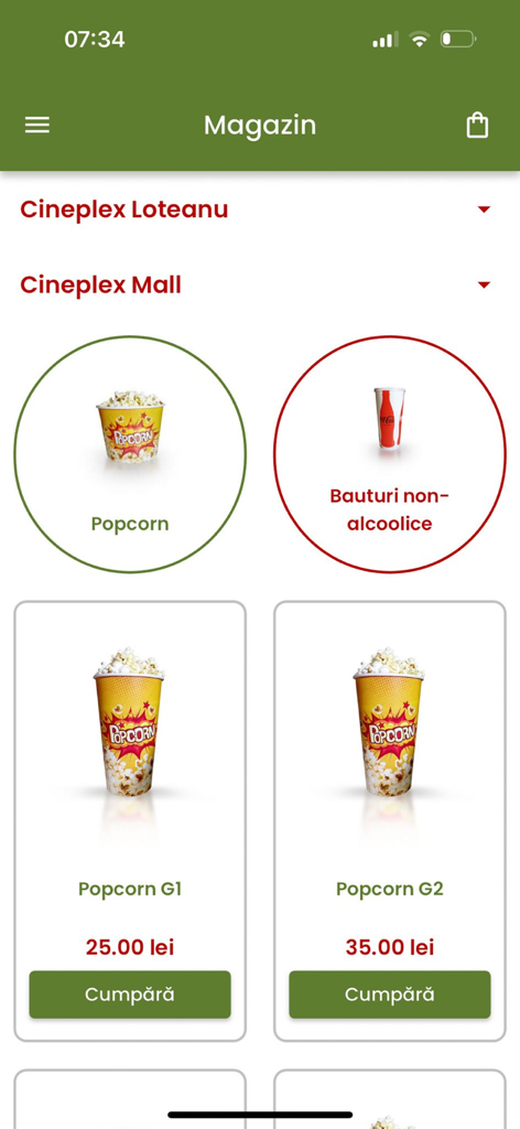 Cineplex mobile app interface showing the concession shop for ordering popcorn and drinks.