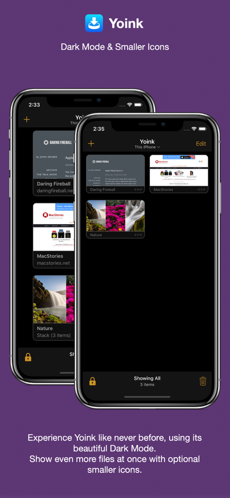 Yoinkアプリインターフェースは、ダークモードでiPhone上に保存されたリンクと画像のコンパクトなグリッドを示しています。