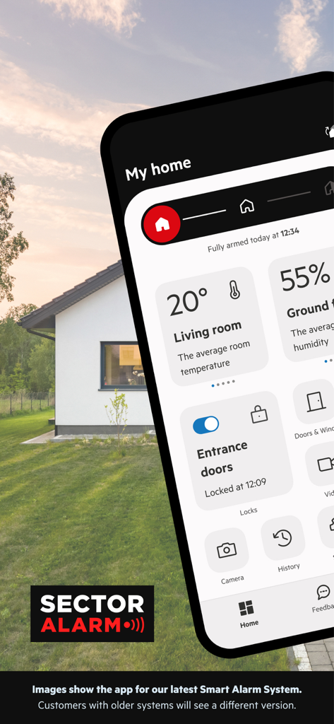 Sector Alarm app on a smartphone displaying home security status temperature and smart lock controls over a modern house background