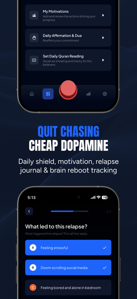 Jahada: Control your Nafs - Interfaz de la aplicación Jahada que muestra el seguimiento de hábitos espirituales y las pantallas de identificación de desencadenantes de recaídas.
