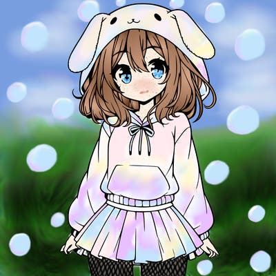 pretty anime girl wearing a fluffy hoodie with bunny ears on the hood and a skirt