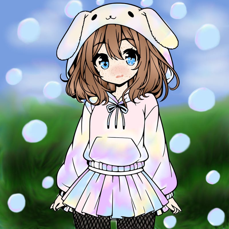 pretty anime girl wearing a fluffy hoodie with bunny ears on the hood and a skirt