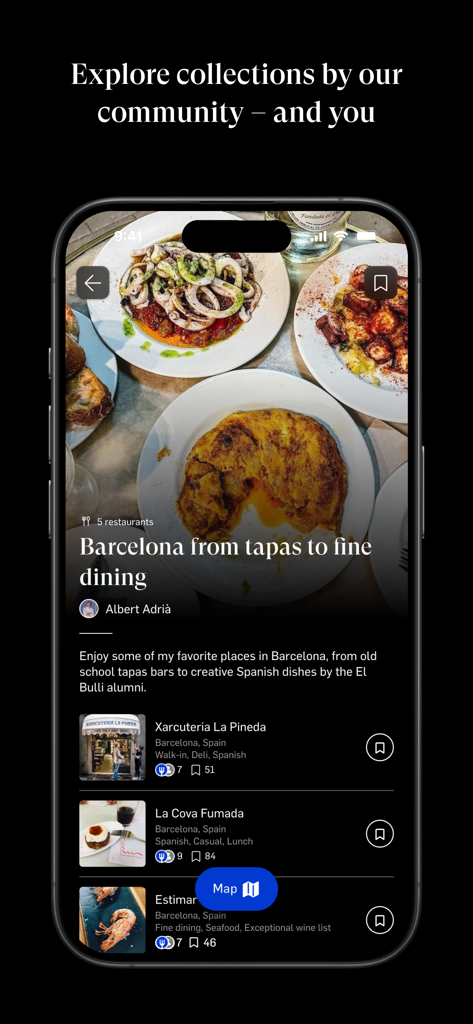 World of Mouth app showing a curated collection of Barcelona restaurants by chef Albert Adria