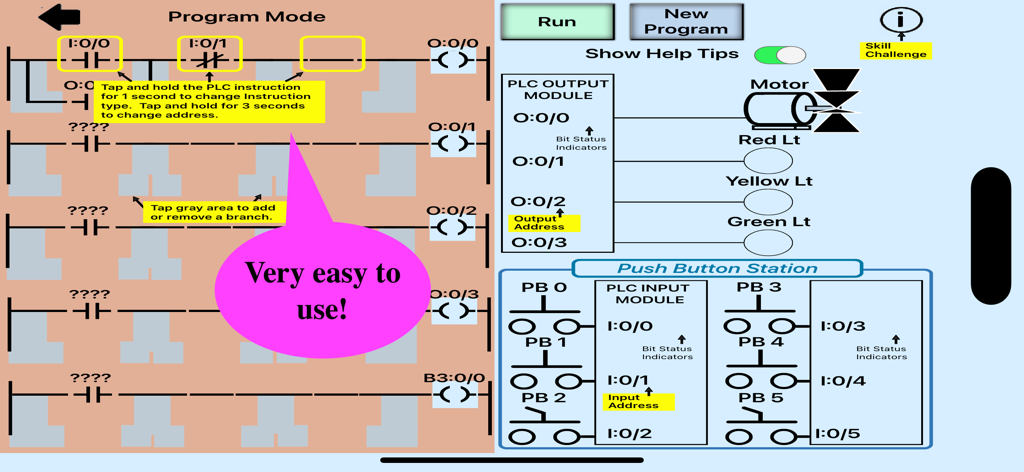 PLC Simulator, PLC Trainer - Interface of the PLC Simulator app showing ladder logic programming with a motor and input module simulation.