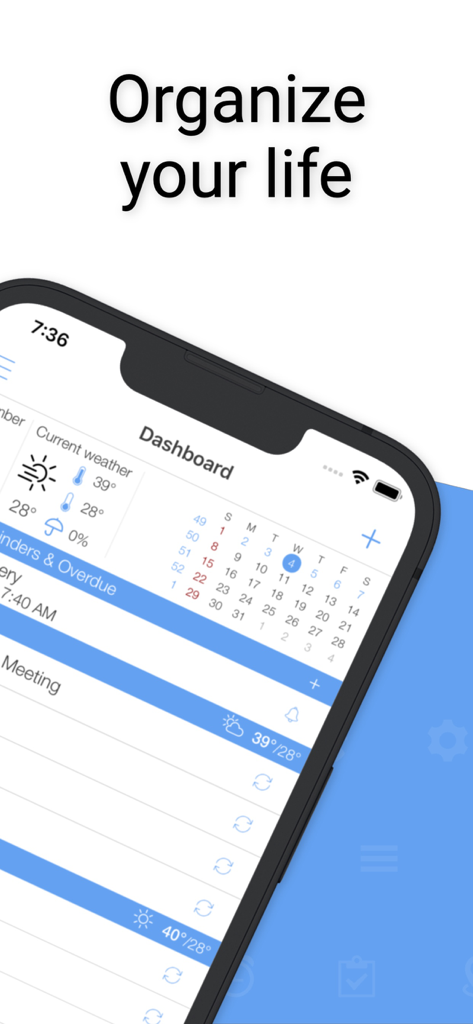 miCal - The missing Calendar - Dashboard dell'app miCal su iPhone che mostra eventi del calendario, aggiornamenti meteo e promemoria attività con il testo Organizza la tua vita.