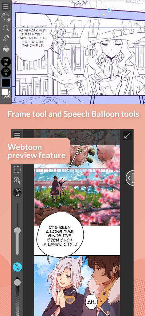 Clip Studio Paint for iPhone - Clip Studio Paint for iPhone showing comic frame tools and webtoon preview mode