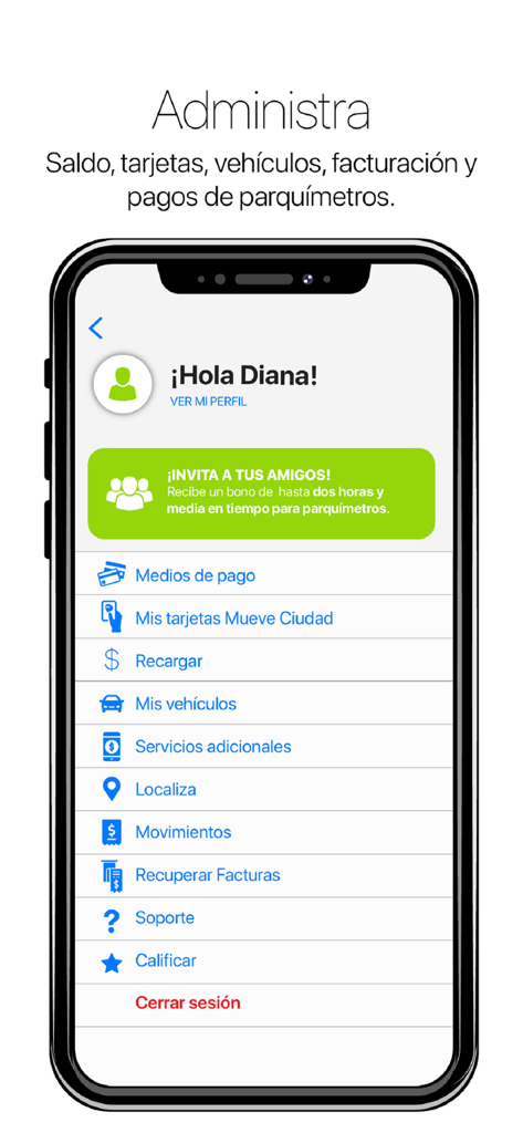 Account management screen of the Mueve Ciudad app showing options for payments vehicles and parking services