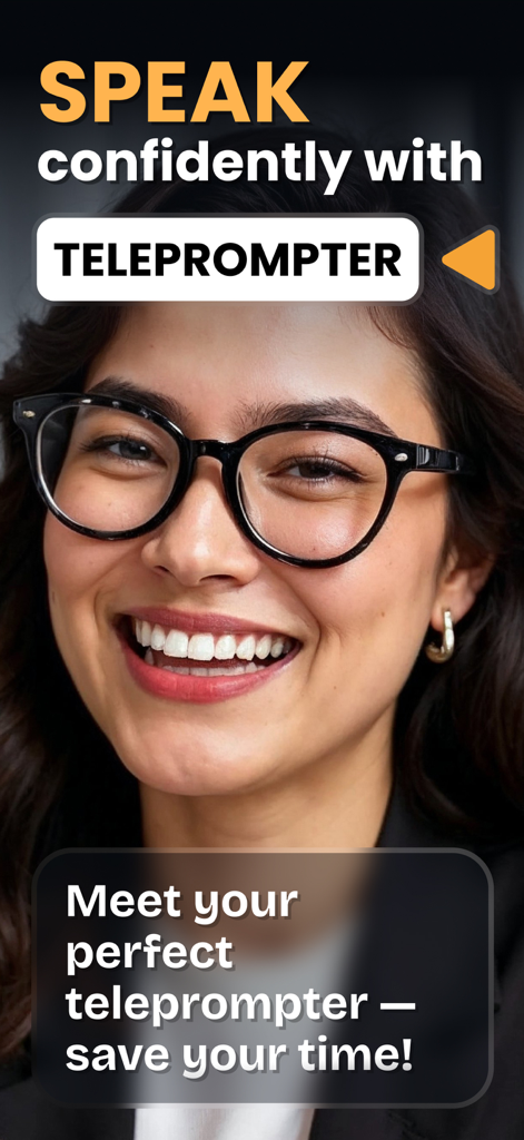 TeleP - Video Teleprompter - A woman smiling confidently with the text Speak confidently with Teleprompter