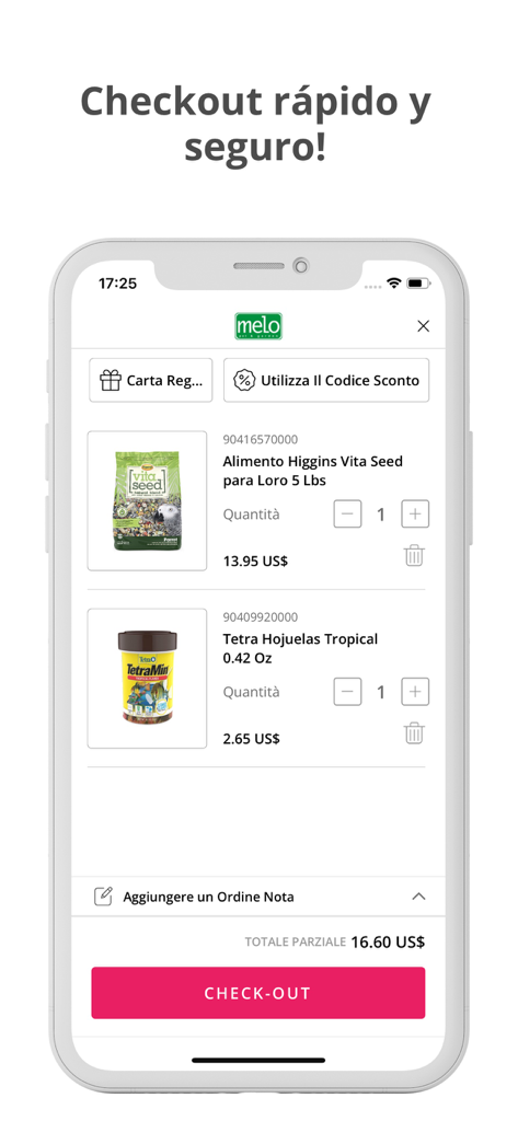 Melo Pet & Garden - Mobile app shopping cart screen for Melo Pet & Garden showing parrot food and fish food items with a checkout button