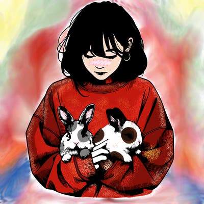 realistic girl with messy bunny baggy sweatshirt and holding bunnies