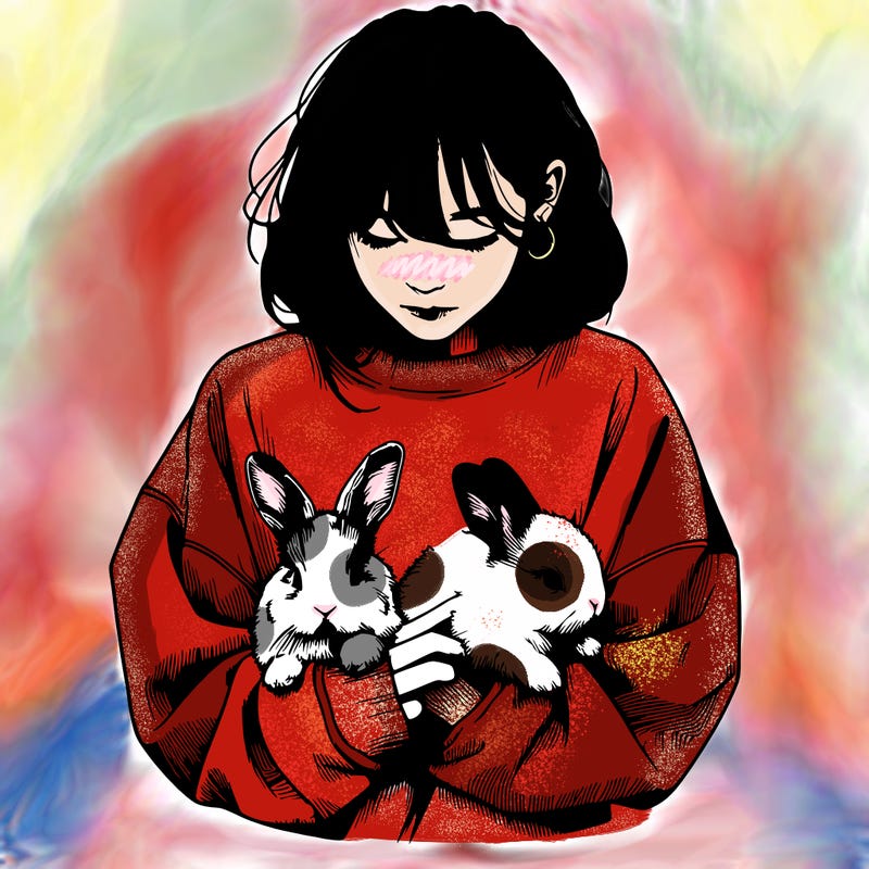 realistic girl with messy bunny baggy sweatshirt and holding bunnies