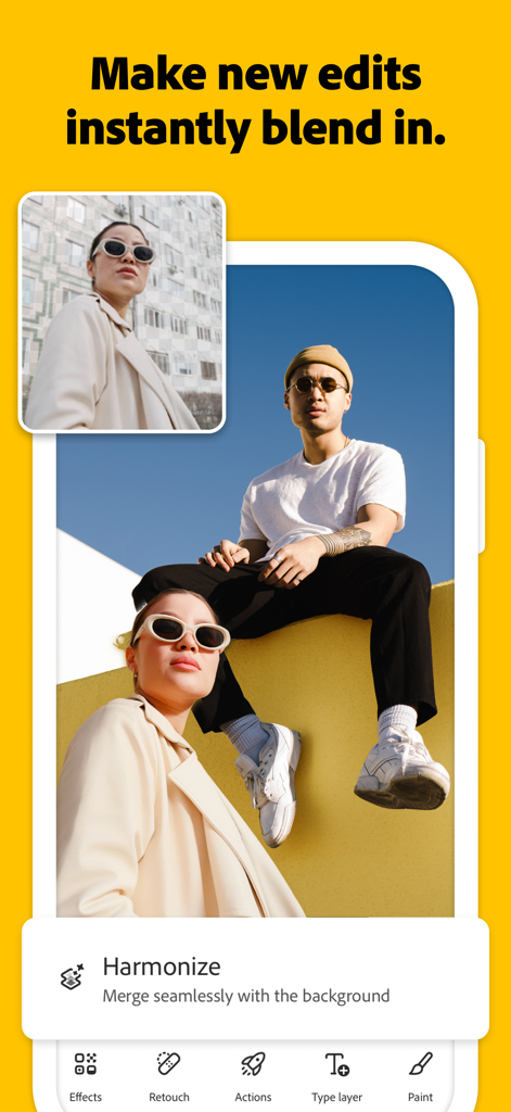Adobe Photoshop mobile App zeigt das Harmonize-Werkzeug, um Motive nahtlos in Hintergründe einzufügen.