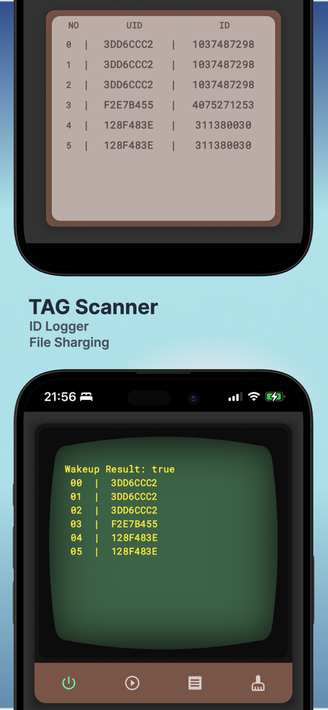 MTools BLE RFID Reader - Tag Scanner interface of MTools BLE RFID Reader showing scanned tag IDs and UIDs in a logger
