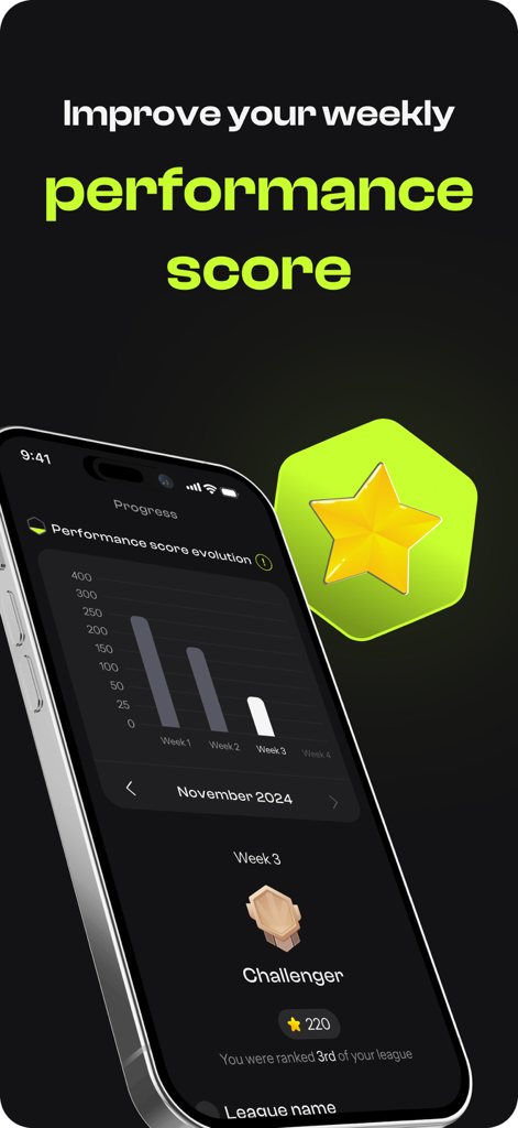 Oly: Personal Fitness Coach - Oly app interface showing weekly performance score evolution chart and challenger league ranking.