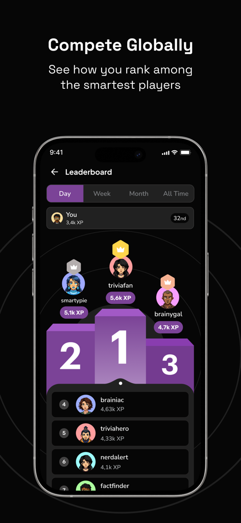 Global leaderboard screen showing top trivia player rankings on a podium