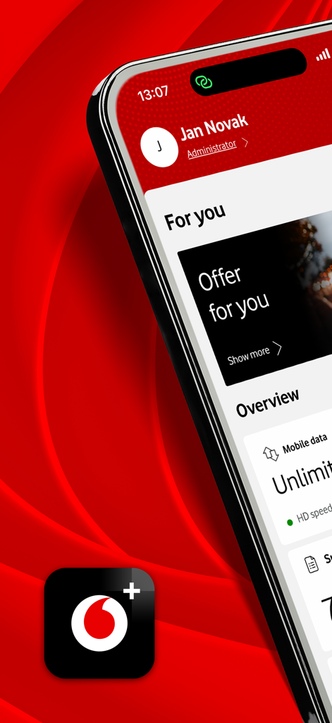 Écran d'aperçu du compte de l'application mobile My Vodafone plus montrant la consommation de données mobiles et les offres personnalisées.