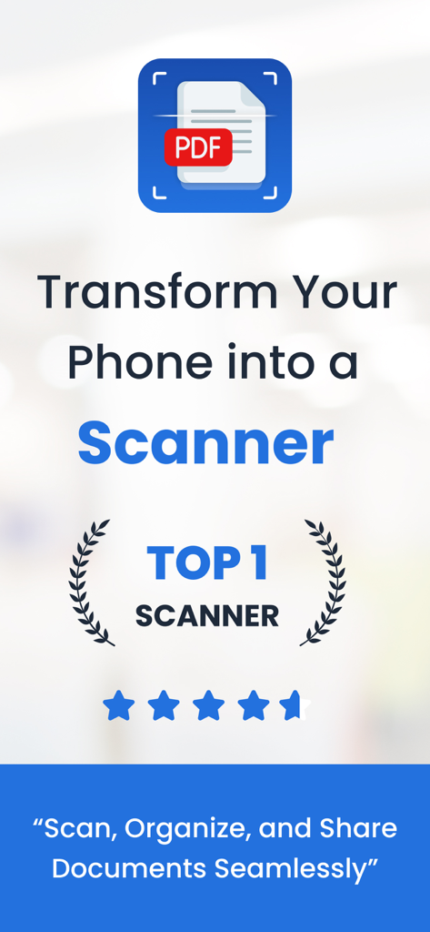 Mobile Scanner App - Schermata promozionale dell'App Scanner Mobile con lo slogan Trasforma il tuo telefono in uno scanner e lo stato di migliore valutazione.